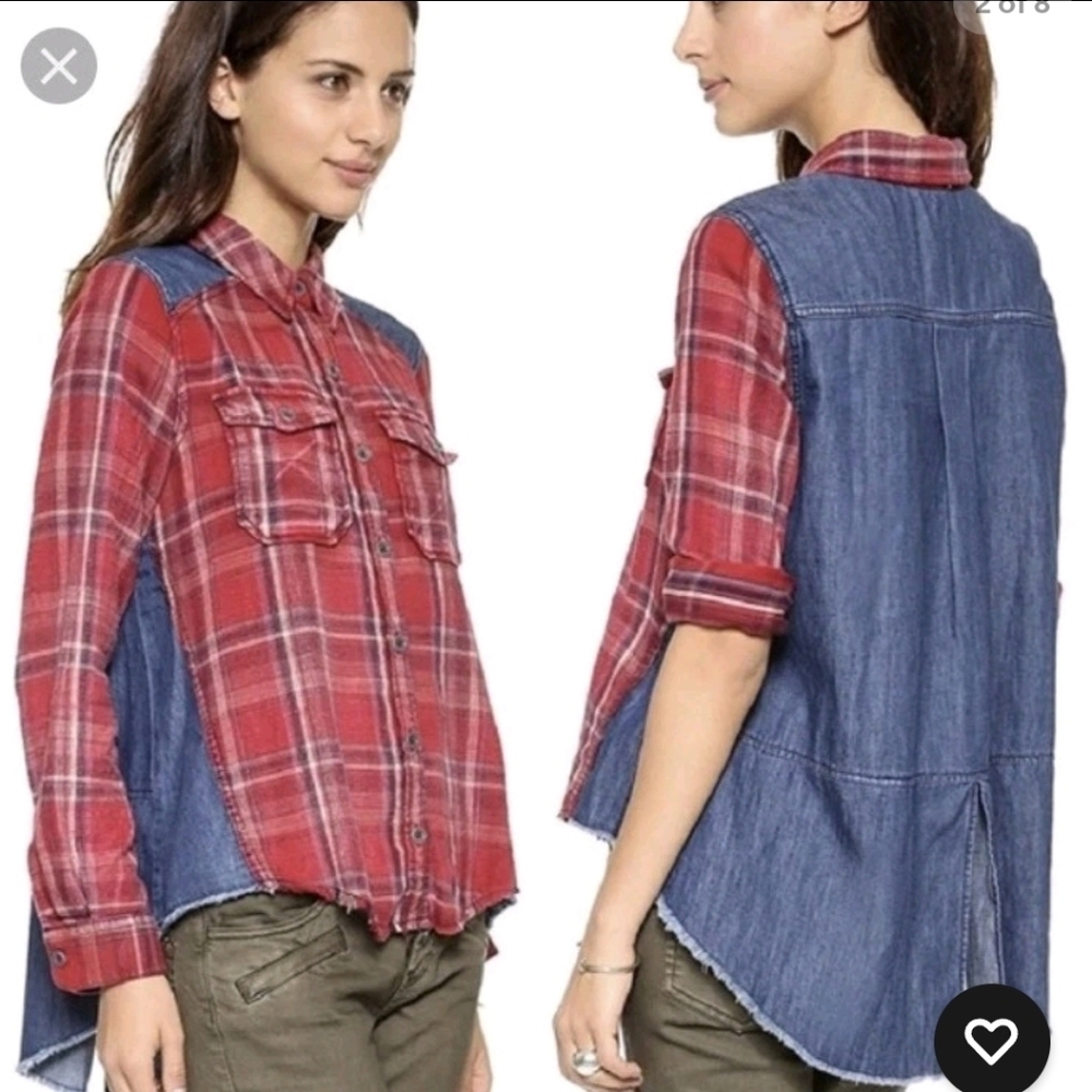 Free People Road Trip Getaway plaid and denim  tunic shirt. High/low Hem 😀 SM